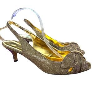 J Renee Metallic Gold Purple Slingback Peep Toe Heels Shoes Leather Sole sz 11